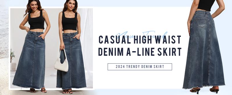 Chouyatou Women's Retro High-Waisted Denim Maxi Skirt A-Line Raw-Hem Denim Skirt with Pockets