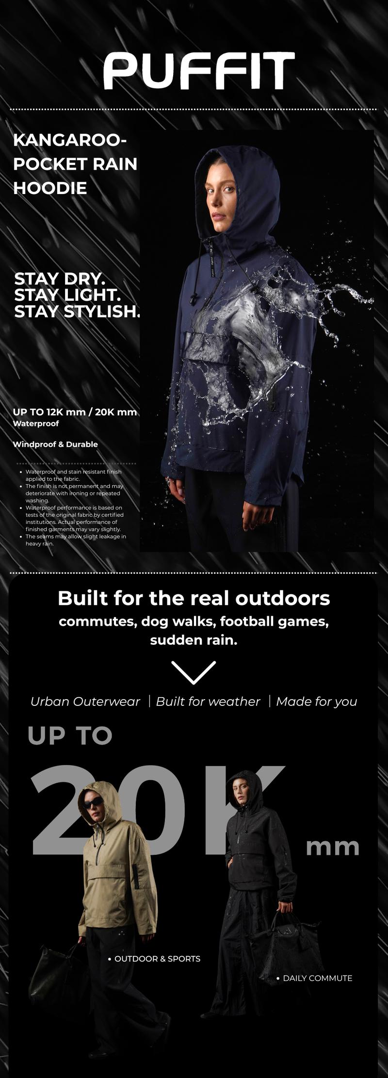 【Restocked】PUFFIT STM-TEX Waterproof Oversized Fall Hoodie Coat Warm Half Zip Rain Jacket with Adjustable Waist, Hood & Cuffs, Jacket Outerwear with Large Kangaroo Pocket for All Seasons Daily Wear,Shell Jacket,Ski Jacket,Plus Size Fit,Spring