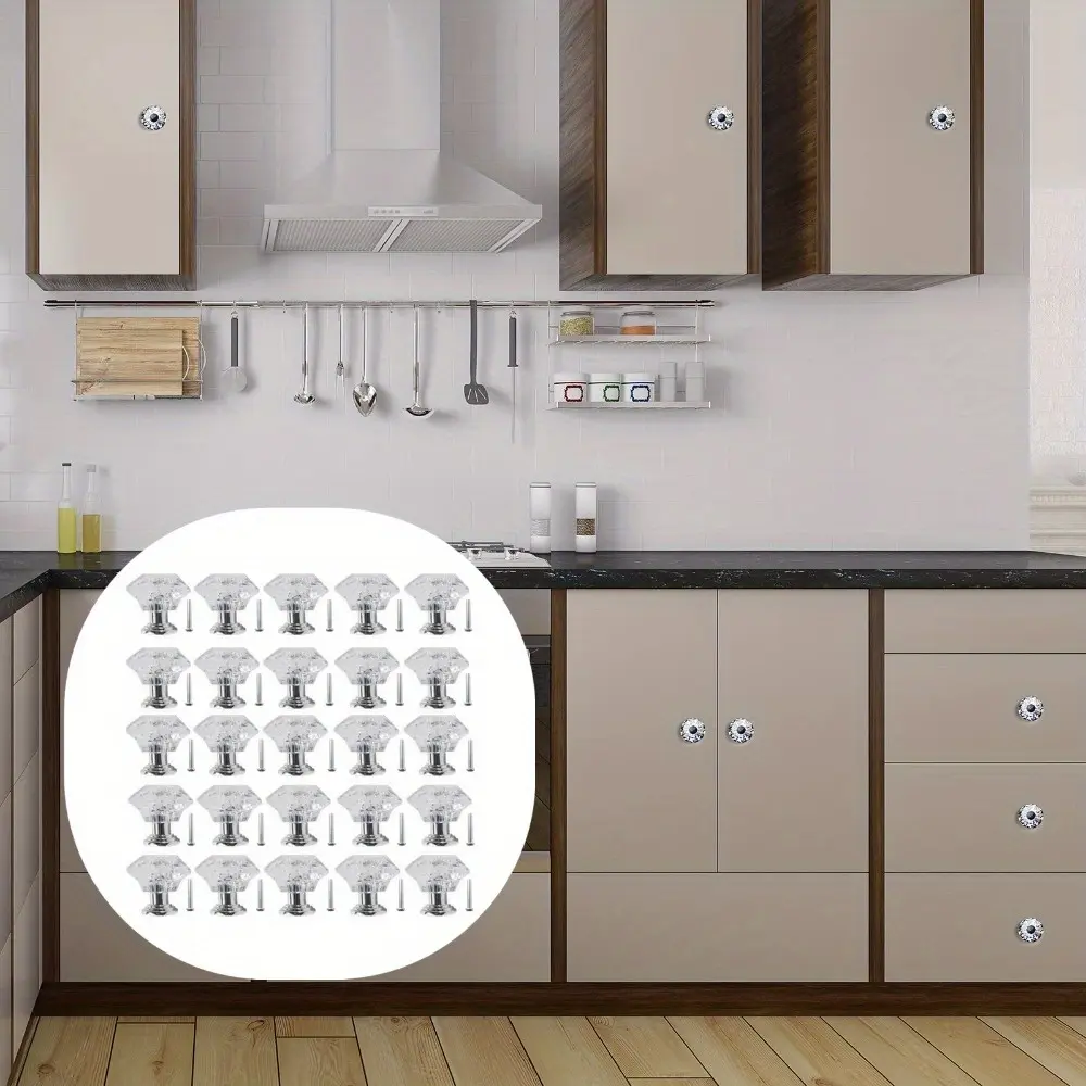 Set of 26 Crystal Glass Pulls Handles Cabinet Knobs 30mm Diamond Shape Drawer Pulls For Kitchen Cabinets Dresser Cupboard Wardrobe