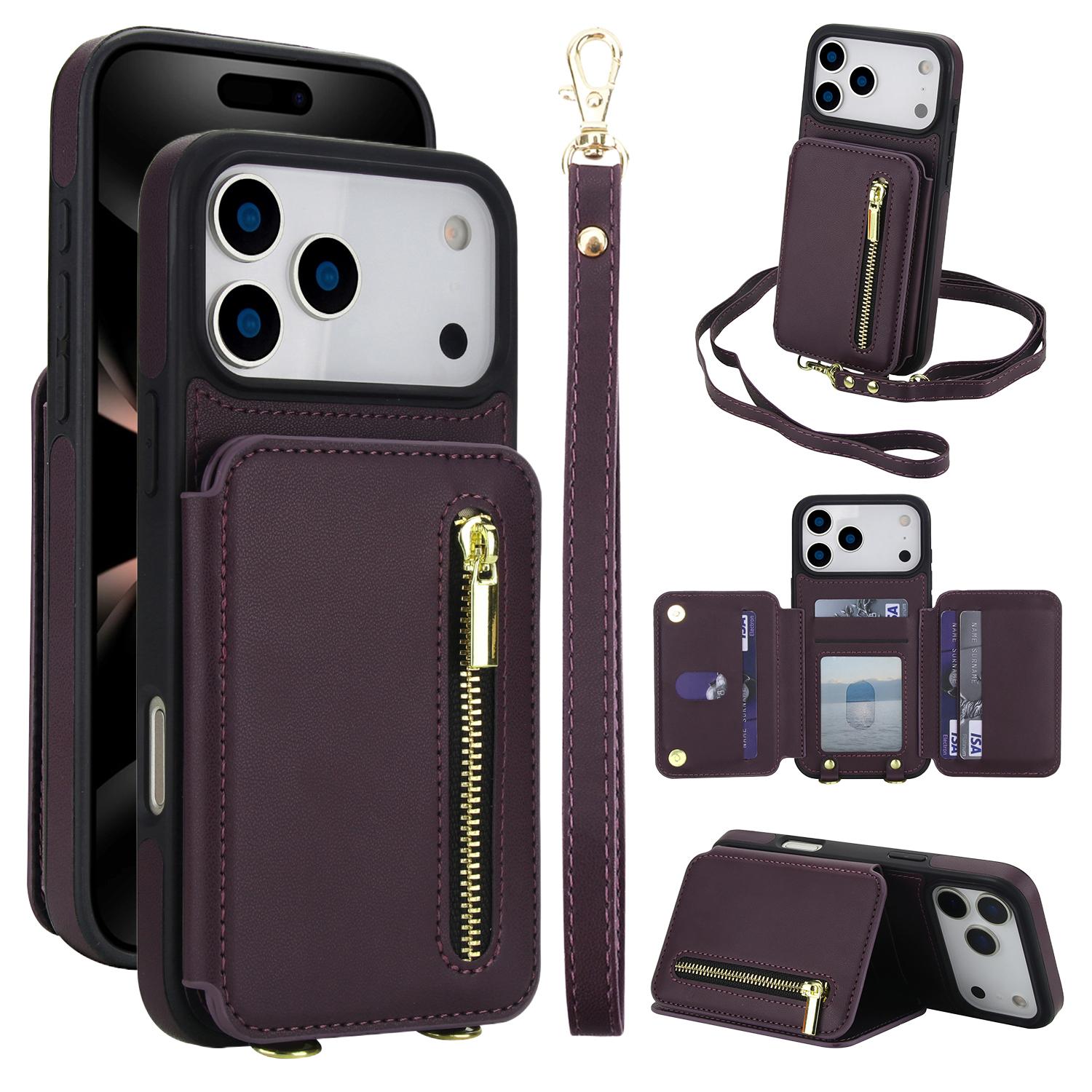 Lavender Crossbody Wallet Case for iPhone 17 Pro Max 17 Air 16 15 14 Plus 13 12 11 Pro Max PU Leather RFID Blocking Cash Holder Card Wallet Flip Stand Protective Cover with Crossbody Lanyard Strap Wristband - Protection