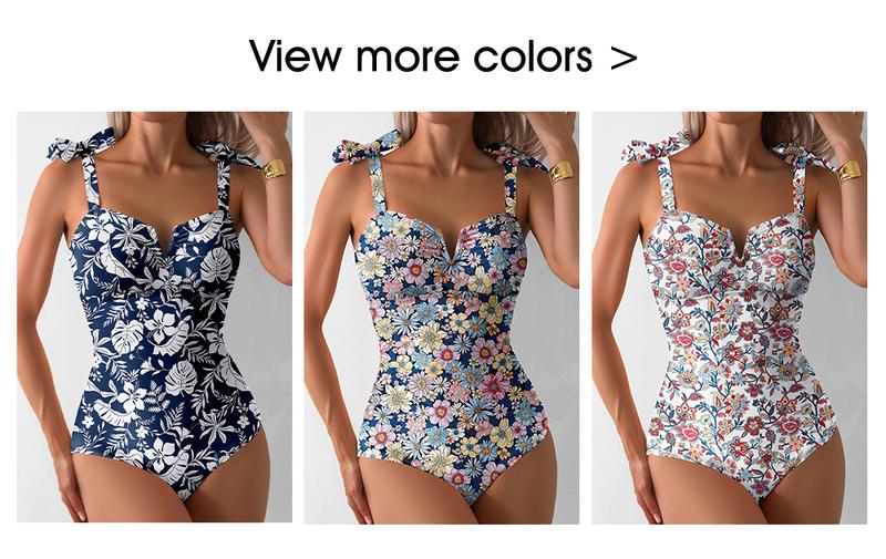 Aleumdr Women's One Piece Swimsuits Tummy Control Bathing Suits V Neck Boho Tie Shoulder Ruched Full Coverage Swimwear
