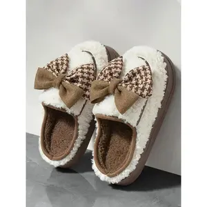 Women's Winter Indoor Home Casual Slippers, Thick Sole Warm Plush Cotton Shoes, Cute Bow Design, Cozy House Footwear for Women