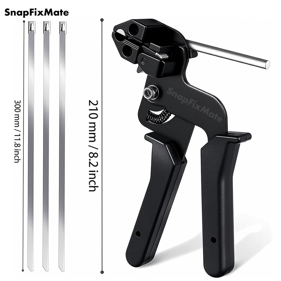 Snapfixmate Metal Zip Ties with Stainless Steel Cable Tie Gun, Special Tool For Fastening and Cutting Steel Zip Ties, 100pcs 11.8in Uv Resistant chain link fence Parts For Fence Exhaust Pipe Outdoor