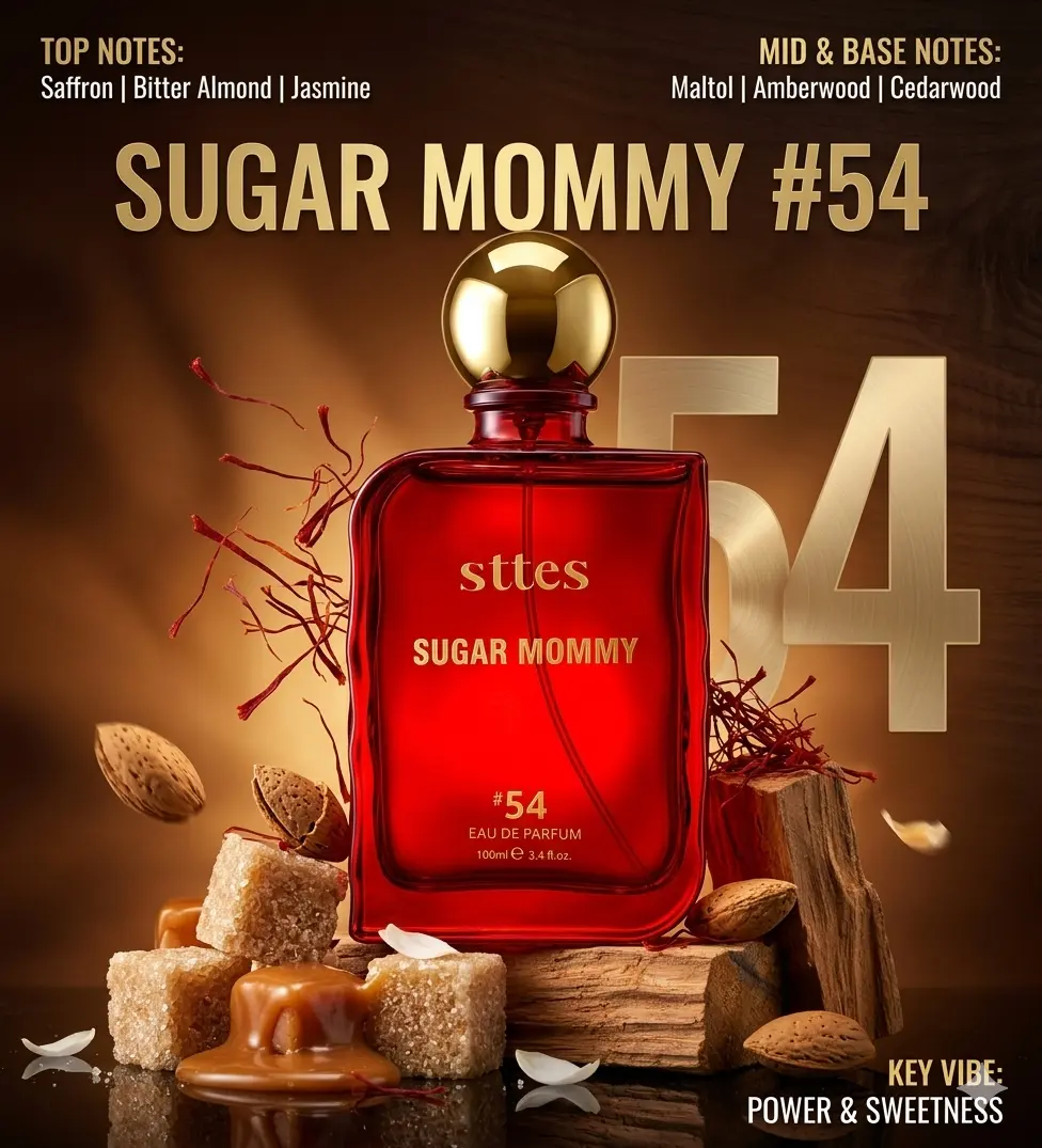 Sttes Sugar Mommy #54 Eau de Parfum for Women, 3.4 Fl Oz/100ml - Sweet Gourmand Fragrance with Saffron, Almond, Jasmine, Amberwood Musk - Long-Lasting Unisex Gift Perfume,back to school