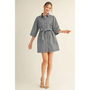 Jodifl Embroidered Cherries Button Down Striped Dress