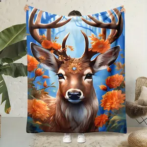 Soft Cozy Flannel Deer Blanket Enchanted Forest Floral Design Warm Lightweight for Couch Bed Sofa Woodland Home Decor Perfect Gift for Deer Lovers and Nature Enthusiasts
