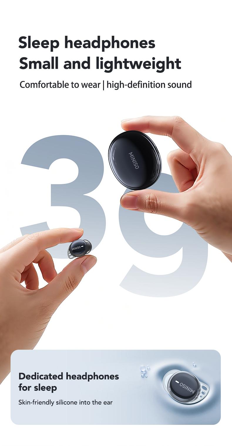 MINISO MS216 Sleep Headphones, comes with free sleep earplugs, buy one get one free.  These mini wireless Bluetooth 6.0 earbuds feature liquid silicone material, high-definition sound quality, and a battery level display. Suitable for work and travel.