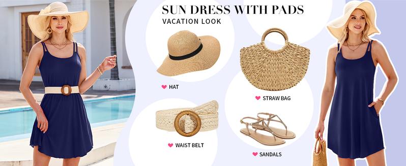 V FOR CITY Womens Summer Dresses with Built in Bra Double Spaghetti Strap Beach Dress Scoop Neck Sundresses with Pockets