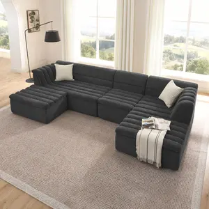 【4 Packages Shipping】135" U-Shaped Modular Sectional Sofa - Comfy Cloud 6-Seater with 2 Movable Ottoman, Cloud Sofa,Deep Seat Linen Couch for Living Room, Comfort & Stylish Design, Chenille Upholstered Boneless Couches,No Pillows Included