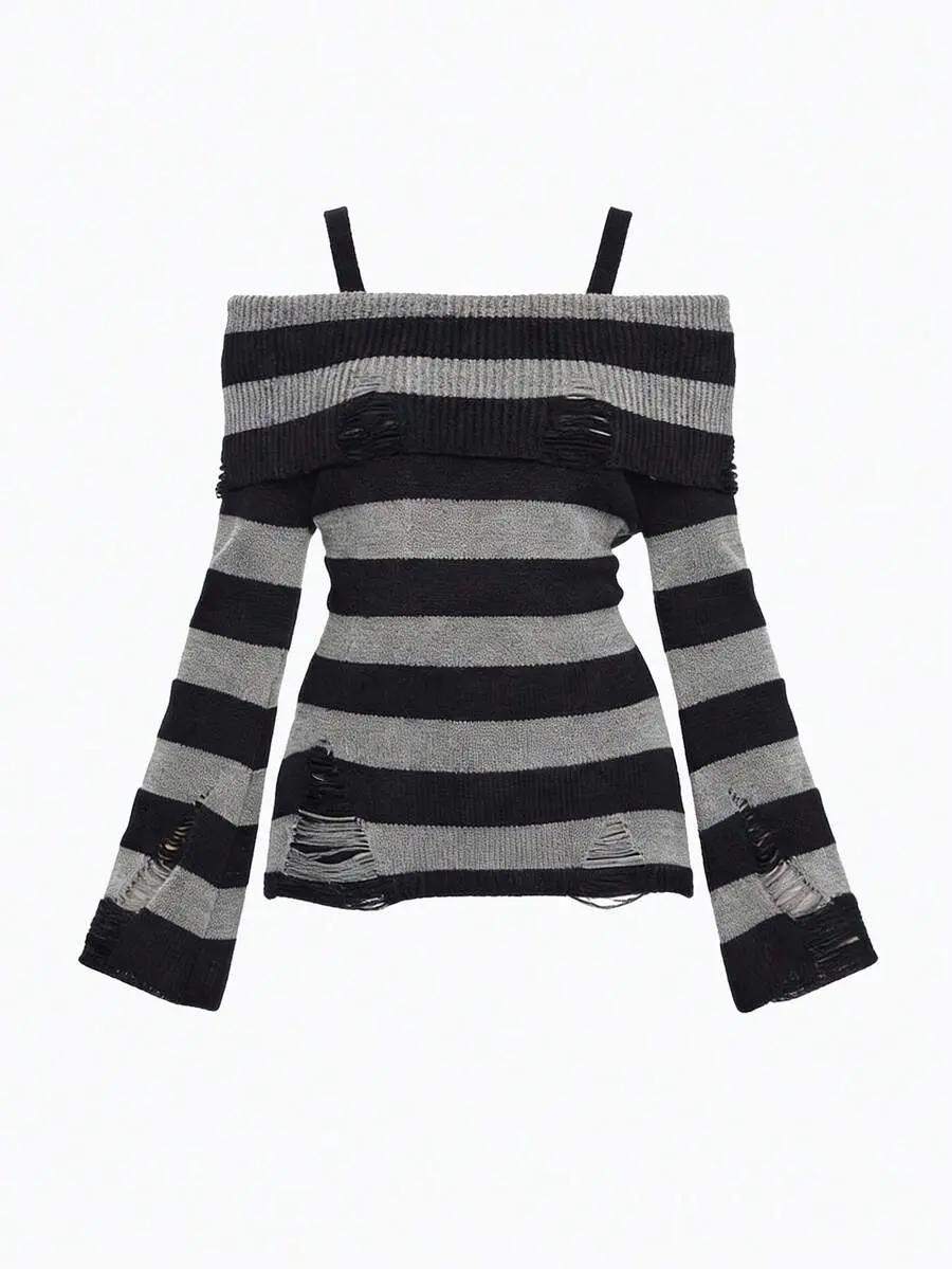 SHANIAH Goth Y2K Spring/Autumn/Winter Casual Fashionable Dark Punk Distressed Design Waist Cinched Off-Shoulder Crew Neck Black & Grey Striped Sweater