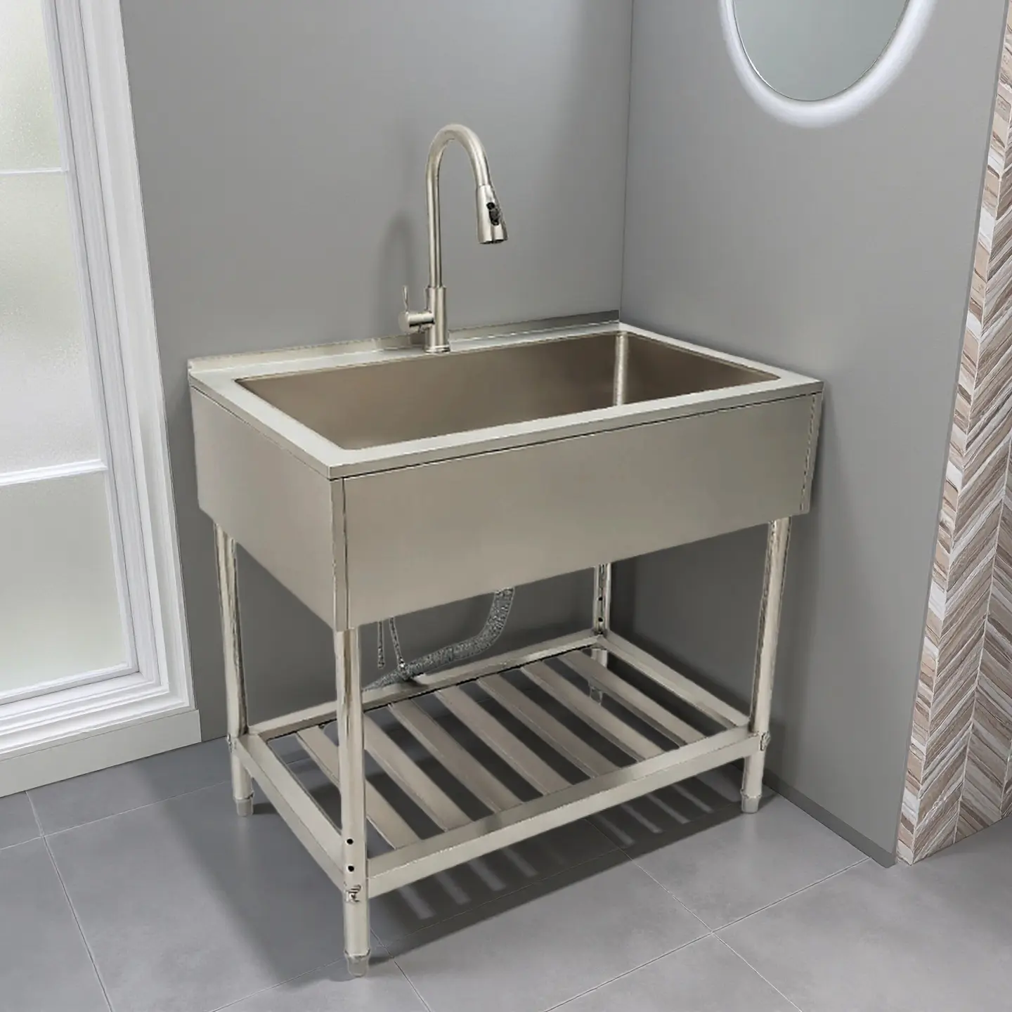 CNCEST Modern Metallic Rectangle Stainless Steel Single Bowl Sink, 35.8x21.8in Freestanding Kitchen & Commercial Utility Sink with Adjustable ft, Dual-Tap Faucet, Drain Pipe & Detachable Filter, Suitable for Restaurants, Outdoor Use, 35.8X21.8 Inch, Rust‑