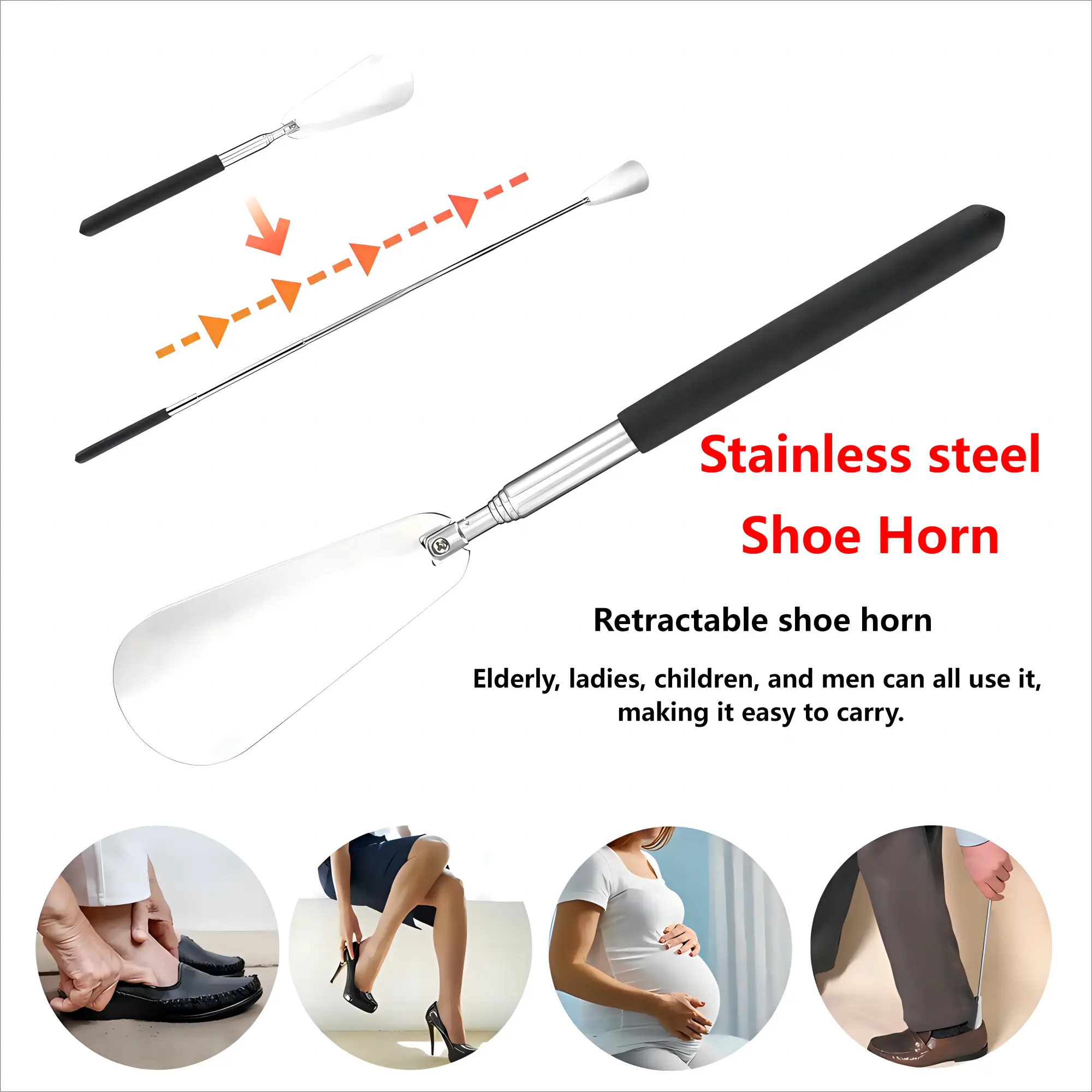 Stainless steel Long Handled Metal Shoe Horn , Adjustable (12" to 26") Shoe Lifter for Men, Women Seniors and Kids ，Men's shoes, women's shoes, elderly shoes