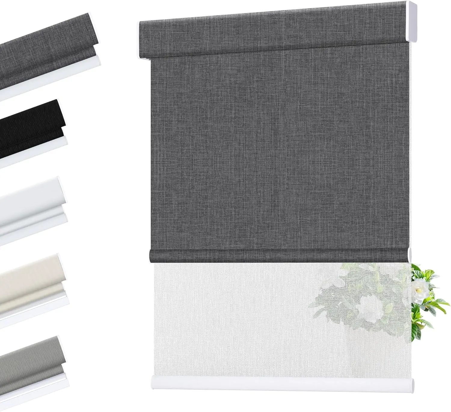 Allesin Zen Customised Cordless Dual-Roller Blinds - No-Gap Square Cassette, 2-In-1 Blackout Charcoal Gray & Filtering White, Durable Specialized Fabric, Modern Window Shades for Home 0-1M Bathroom Spaces