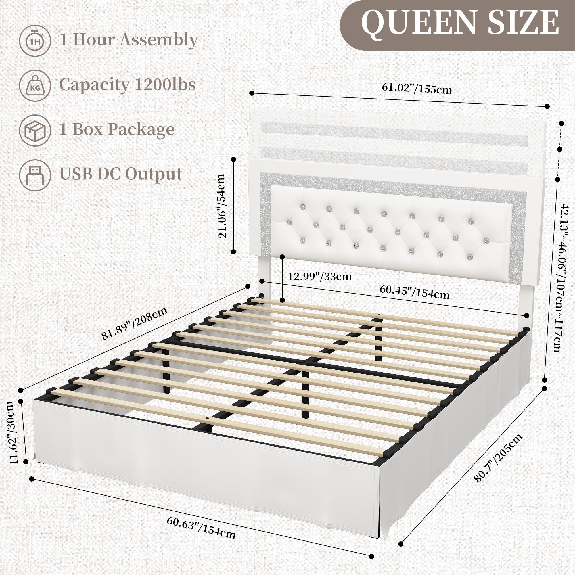 SIBEDS Queen Bed Frame with Adjustable Headboard, PU Upholstered Platform Bed for Bedroom, LED Lighting and Skirt, Diamond Tufted Design, Wooden Slat Support, Easy Assembly