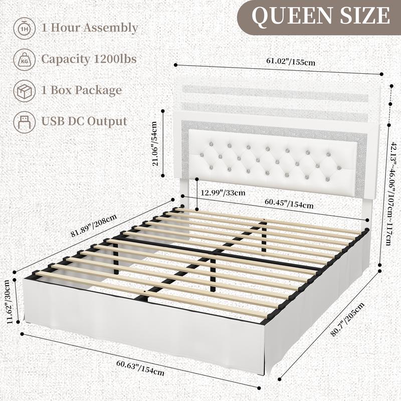 SIBEDS Queen Bed Frame with Adjustable Headboard, PU Upholstered Platform Bed for Bedroom, LED Lighting and Skirt, Diamond Tufted Design, Wooden Slat Support, Easy Assembly SIBEDS Queen Bed Frame with Adjustable Headboard, PU Upholstered Platform Bed for Bedroom, LED Lighting and Skirt, Diamond Tufted Design, Wooden Slat Support, Easy Assembly