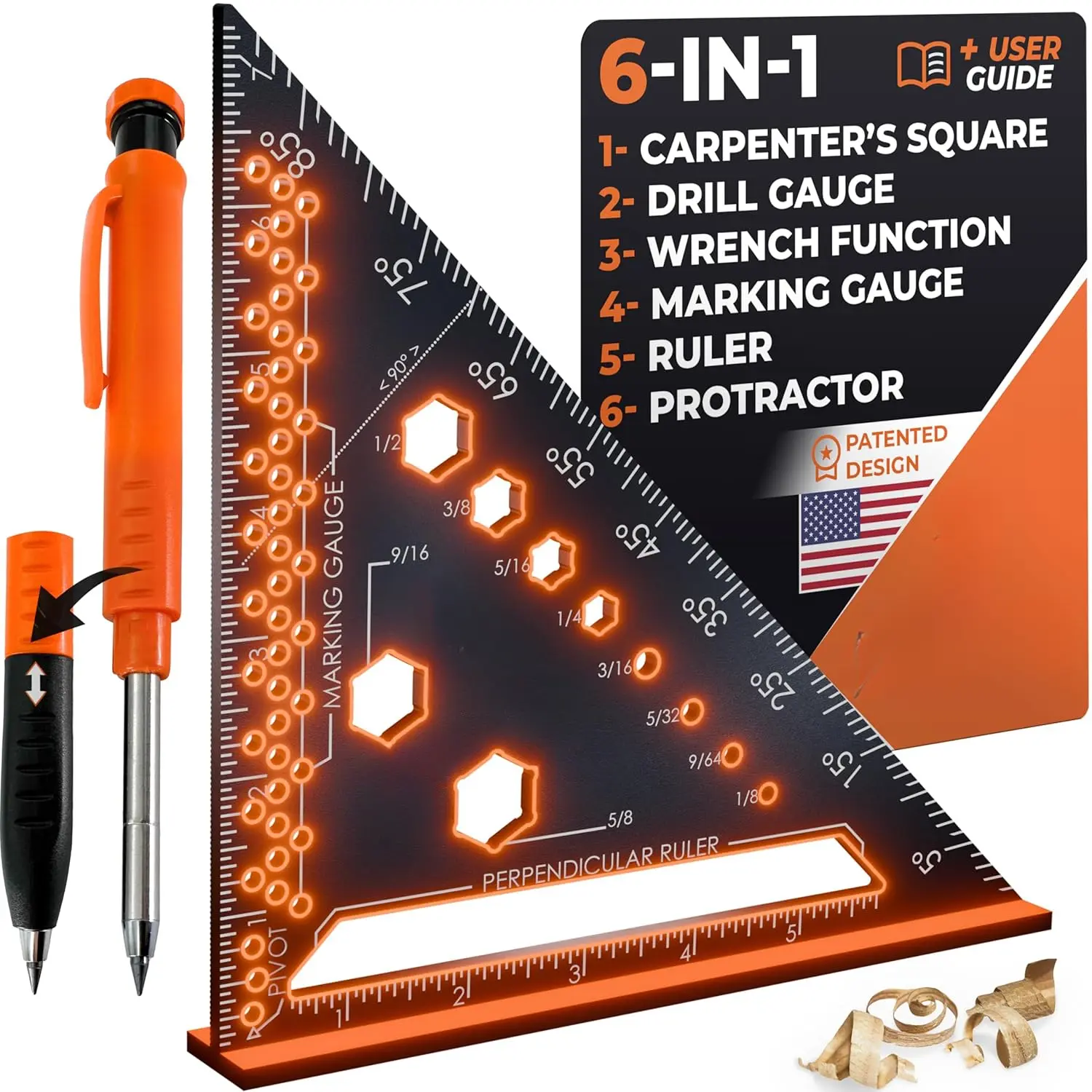 6-in-1 Carpenter Square 7 inch (1/16" Precision) T Square Multi-Purpose Carpenter Tools : Wrench, Square, Protractor, Ruler, Marking Gauge, Drill Gauge, Includes 2-in-1 Carpentry Pencil