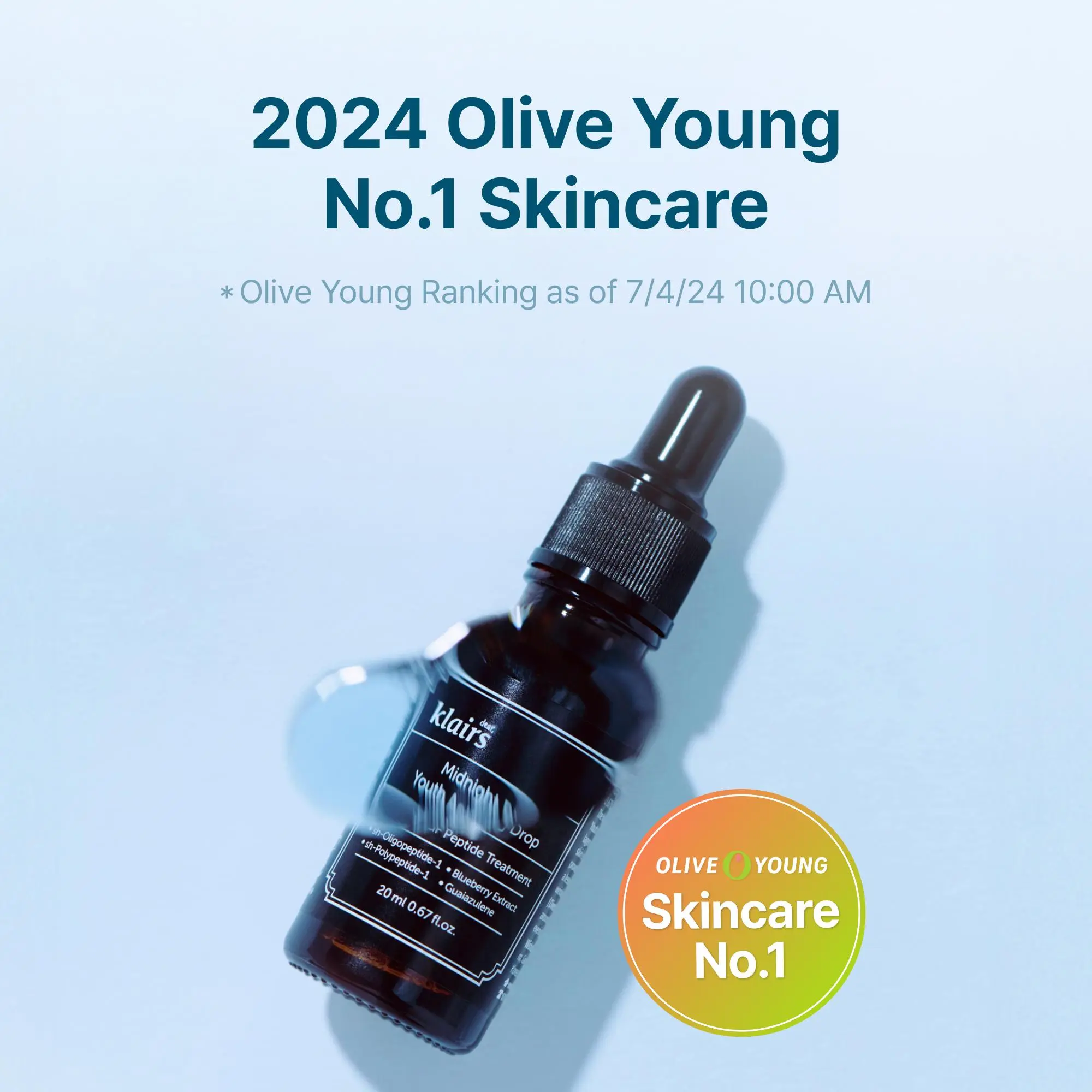 [DearKlairs] Midnight Blue Youth Activating Drop 0.67 fl oz (20 ml) | Dual EGF, Peptides, Guaiazulene Adenosine, Night Serum, Watery, Light Texture Skincare Blueberry Radiance Radiant Sensitive Skin Repair Comfort Toner Serum Korean