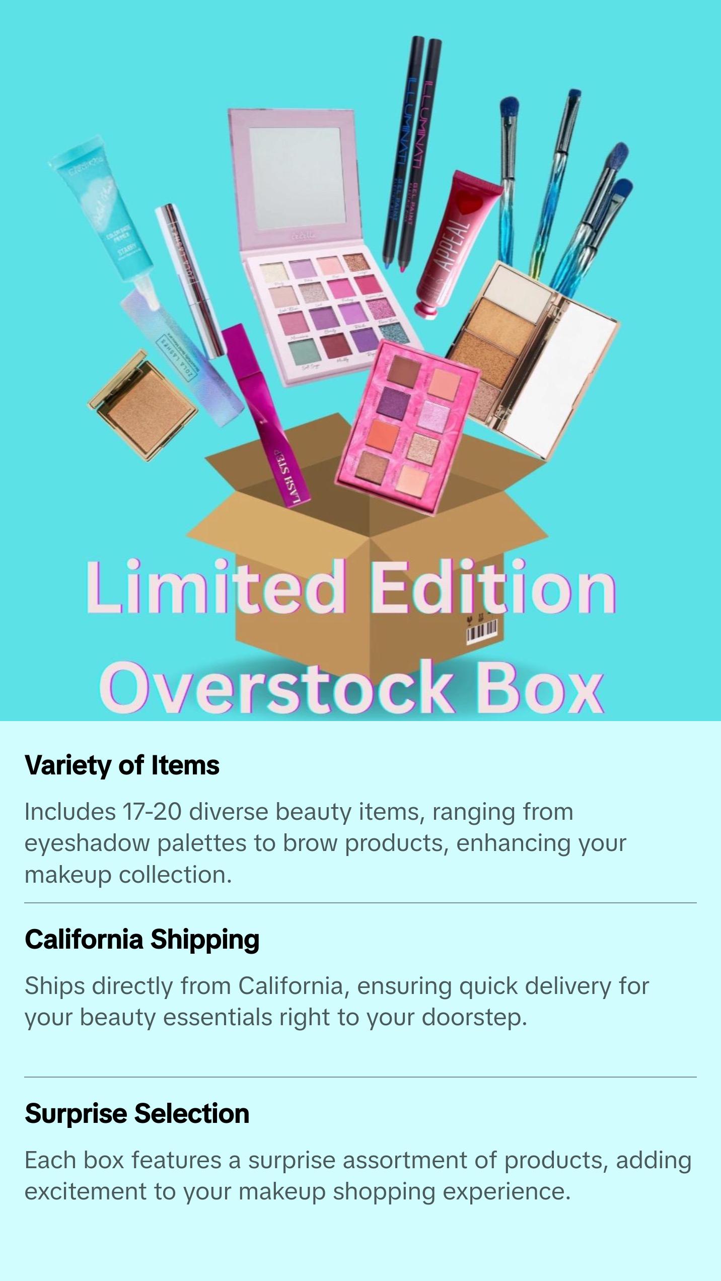 Limited Edition Overstock Box - Includes 17-20 Makeup Essentials: Eyeshadow Palettes, Lip Gloss, Blush, Liner, Brow Products, Mascara, Setting Spray & More Ships from California