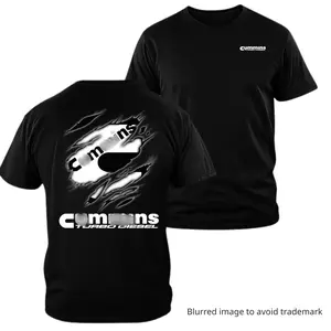 Cunmims Turbo Diesel T-shirt, 2 Sides, Front Chest Logo and Back Ripped Turbo Graphic, Black Performance Engine Shirt for Diesel Truck Fans