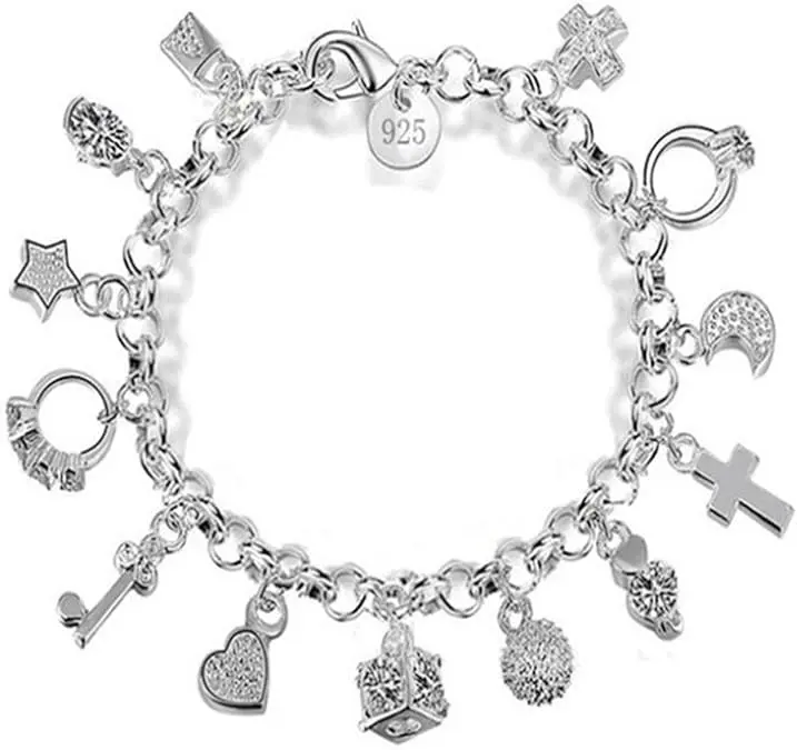 Women's 925 Sterling Silver Charm Bracelet, Elegant Link Band with Heart Charm, Unique Fashion Costume Jewelry, Charm Bracelets, Female