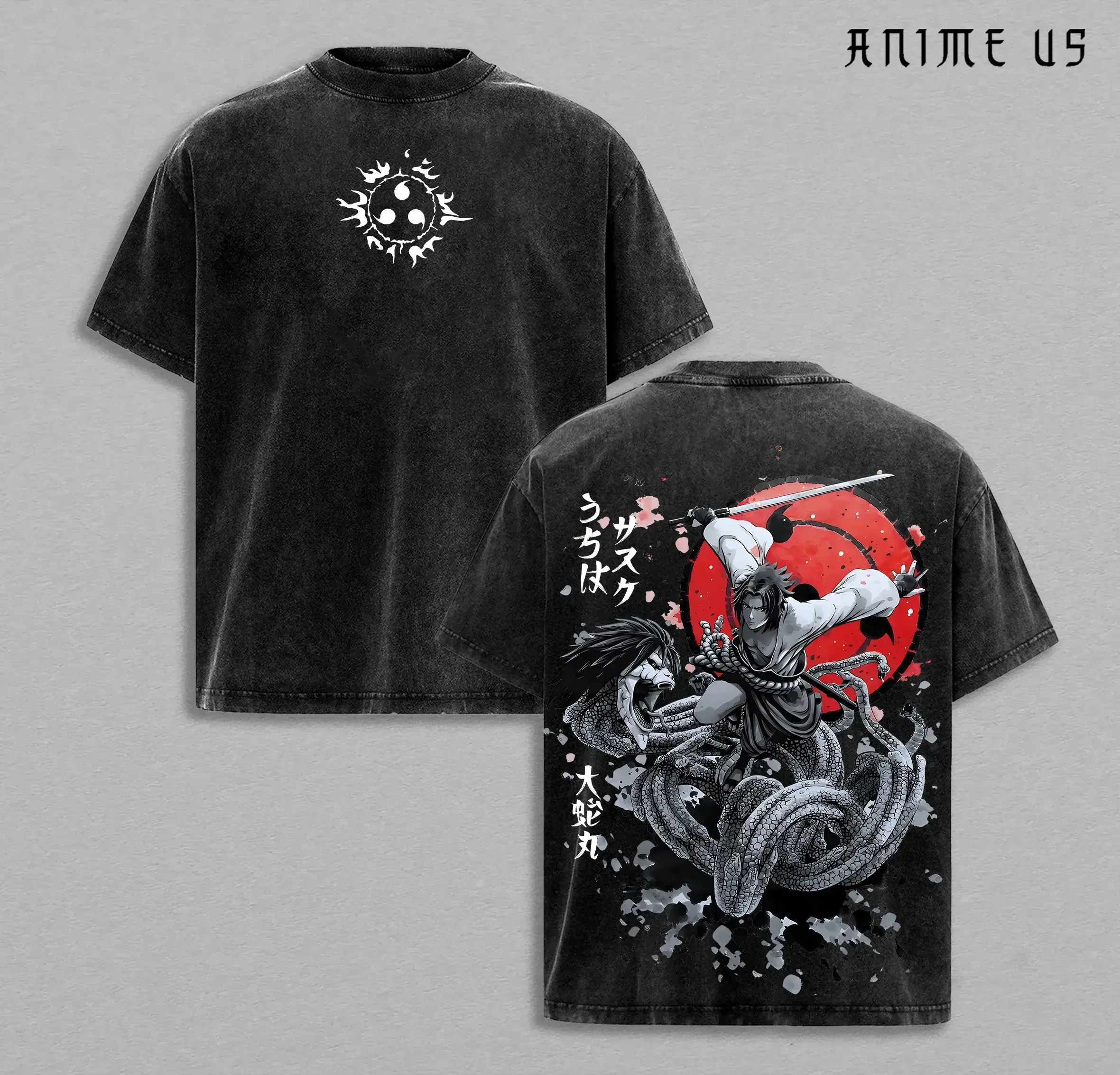 Naruto Sasuke Curse Mark Vintage Washed Anime Graphic Tee, Double Printed Manda Snake Orochimaru Heavyweight Cotton Streetwear Shirt, Perfect Gift for Anime Fans, Otaku Fashion Lovers, Men and Women Casual Apparel, Trendy Manga Aesthetic Outfit For Daily