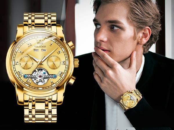 OLEVS G6607 Men's Self Winding Automatic Mechanical Tourbillon Watch Stainless Steel Luminous Waterproof Luxury Dress Wristwatch with Bracelet and Gift Box