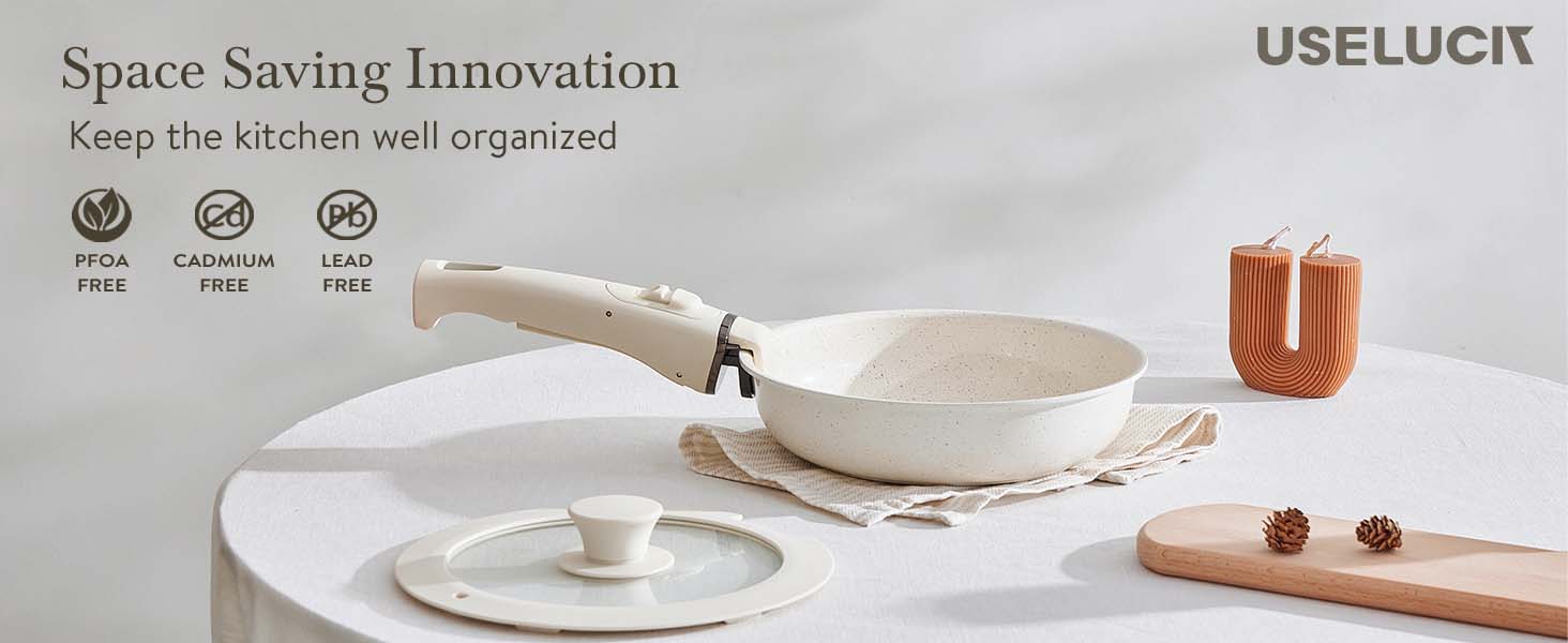 USELUCK 21-Piece Non-Stick Cookware Set with Hanging Rack, Removable Handles for Camping & Baking, Stackable Oven Safe RV Friendly Cookware, Multiple Colors and Combinations Available