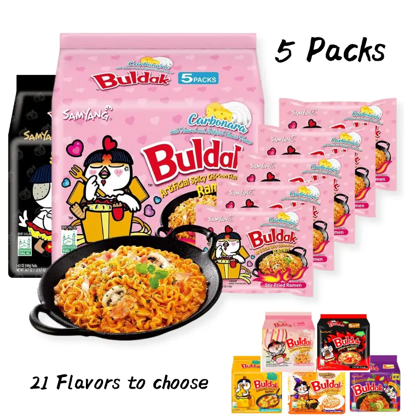 SAMYANG Buldak Ramen Korean Carbonara Stir-Fried Carbonara Hot Chicken Flavor - 5 Packs* 4.58 oz Spicy Cheese Chicken Ramen Noodles Food Instant Packaged Pansit，SAMYANG Buldak Ramen，Hot Chicken Flavor with Cheese，Spicy Chicken Artificial Flavor