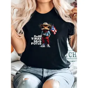 T - shirt with a cartoon frog character,Puerto Rico flag, and "DeBi TiRAR Mas FOToS" text,a fun Puerto Rico - themed wear