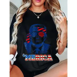 Women's 100% Cotton Casual Graphic Streetwear Top - 'MERICA Trump, 4th Of July, American Flag Everyday T-Shirt