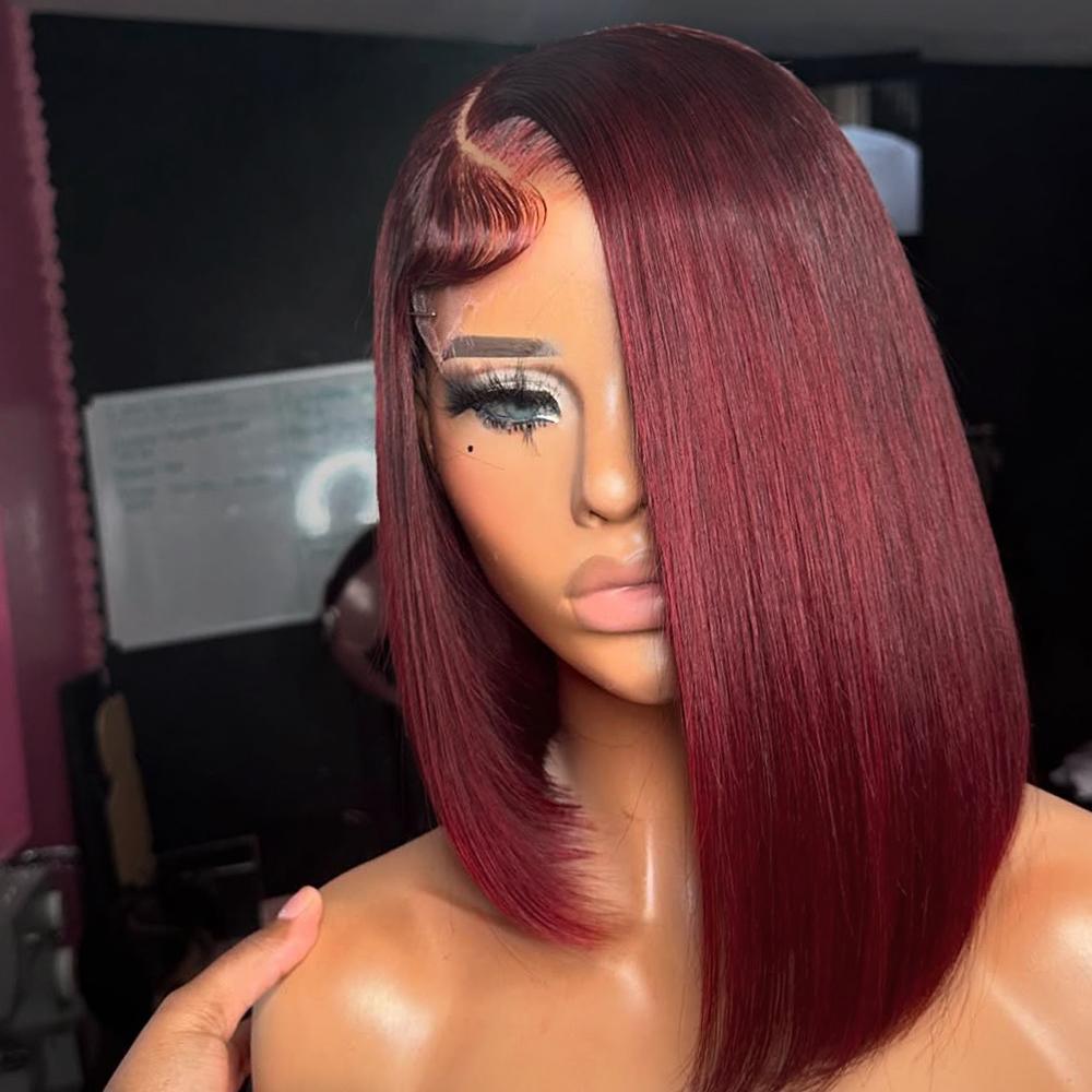 99j Burgundy Bob Wig Human Hair 13x4 Hd Lace Front Wigs Human Hair For Black Women Glueless Lace Front Wigs Pre Plucked 180% Density Short Straight Bob Wig SpringStatements