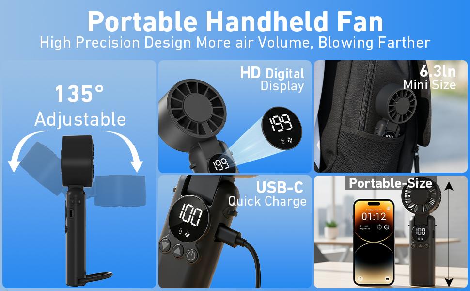 Portable Handheld Fan, 5000mAh Rechargeable Mini Personal USB Fan with LED Display & Foldable Design, 199-Speed Powerful Battery Operated Travel Fan for Women, Outdoor, Office Black Protection Protection Protection
