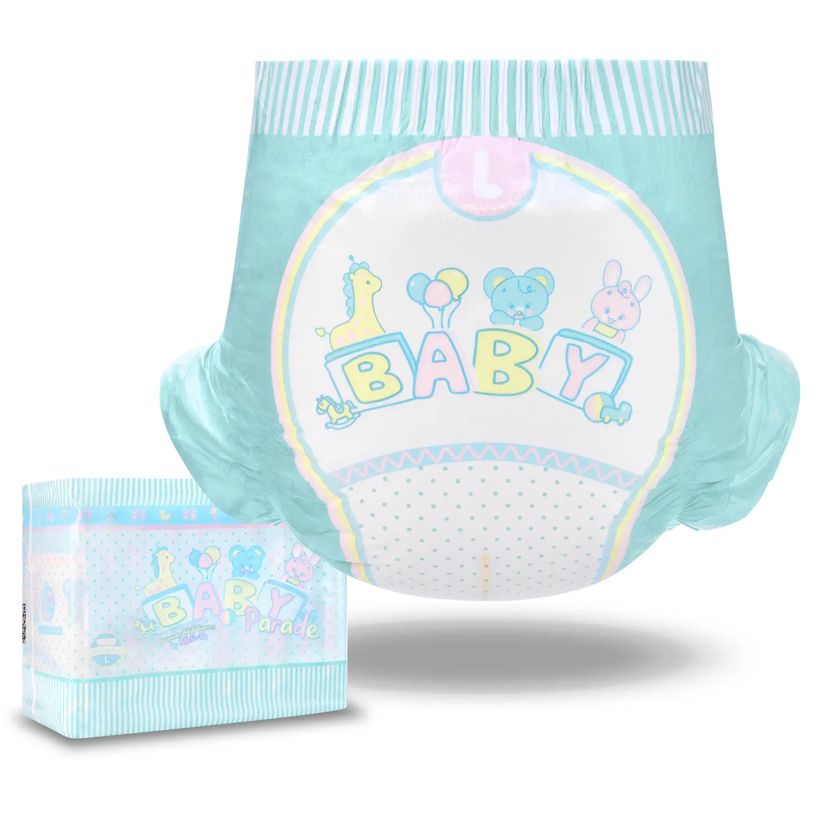 Littleforbig Soft Non-Woven Disposable Adult Diapers (10 Pieces) - Adjustable Hook & Loop Closure, Baby Parade Cute Animal Print, Extra Large (48"-56"), 181oz High Absorption, Leak-Proof Women's Incontinence Care Briefs