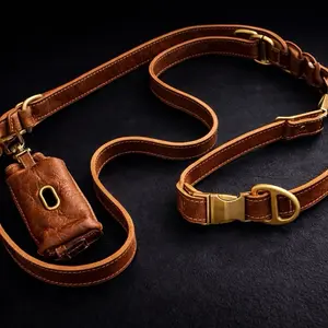 Chacha Genuine Leather Dog Collar & Leash Set for Everyday Walks with Durable Brass Hardware