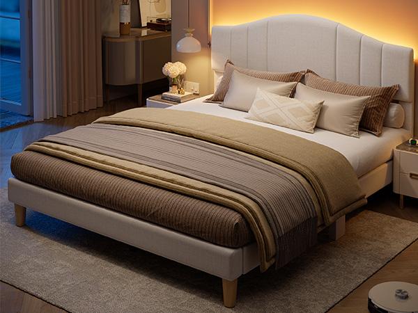 Pinmoco Upholstered Bed Frame with Adjustable Arc-shaped Headboard LED Platform Bed Modern Elegant Design Sturdy Noise Free Quick Assembly No Box Spring Needed