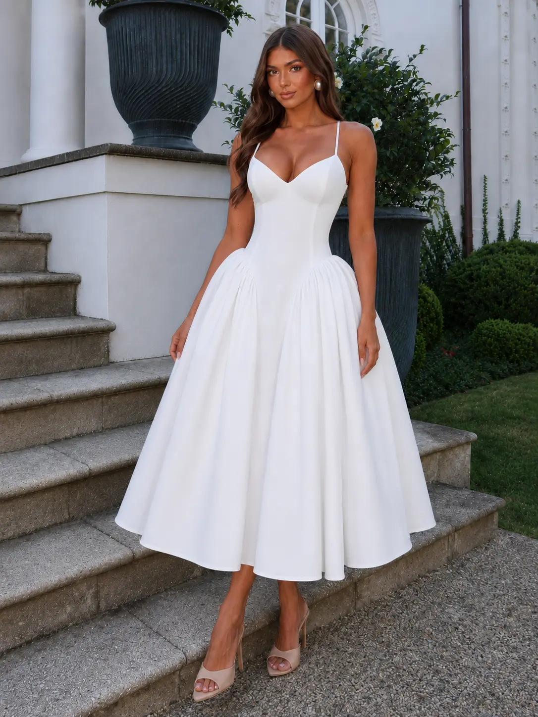 Azazie L'Amour Sweetheart Spaghetti Strap Basque Waist Full Skirt Midi Dress for Bridal Shower Engagement Party Wedding Reception