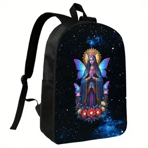 Divine Butterfly Cloaked Madonna Anime Backpack - Virgin Mary & Floral Butterfly Design Backpack, Lightweight School Bag with Adjustable Straps, Zipper Closure - Dark Cosmic Nebula Background for College, Travel, Everyday Use - Unisex Backpack for &, Coll