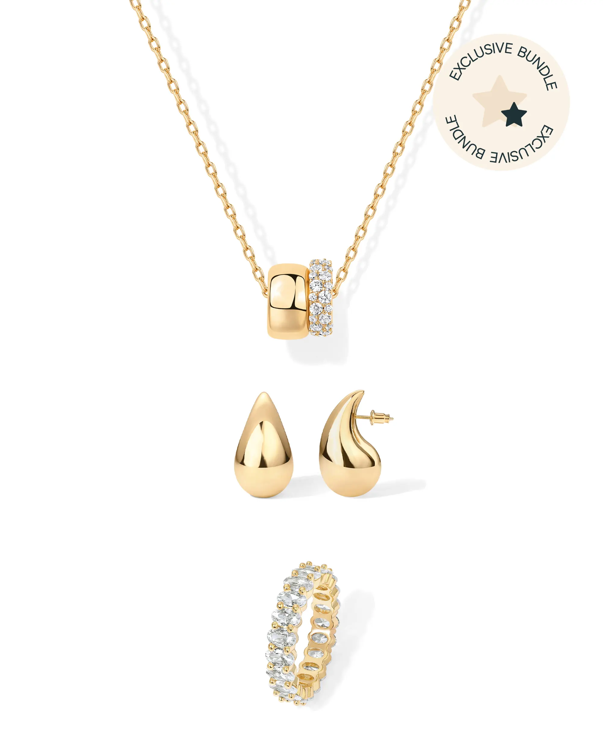 PAVOI 14K Yellow Gold Plated Jewelry Set for Women | Chunky Teardrop Earrings, Rondelle Necklace & Oval Cubic Zirconia Ring | TikTok Set