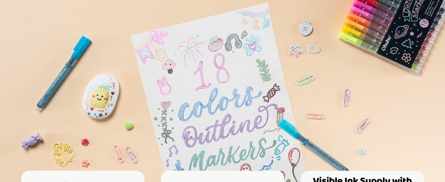 Ohuhu Glitter Markers: 18 Outline Markers - Shimmer Glitter Metallic Double Line Drawing Pens for Adults Beginners Fun Crafts Art Supplies Gifts for Greeting Cards Glass Rock Plastic - Ohuhu Stocking Stuffers for Teen Girl
