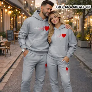 Couple's Heartbeat and Heart Print Hoodie and Sweatpants Set (Sold as a Single Set), Casual Sportswear, Long-Sleeve Hooded Jacket and Pants, Suitable for Autumn, Winter, and Spring, Everyday Wear, Tracksuit
