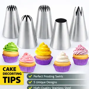 5 Pcs Cake Decorating Nozzle Tips Set, Stainless Steel Icing Piping Tips for Buttercream Flower Cookie