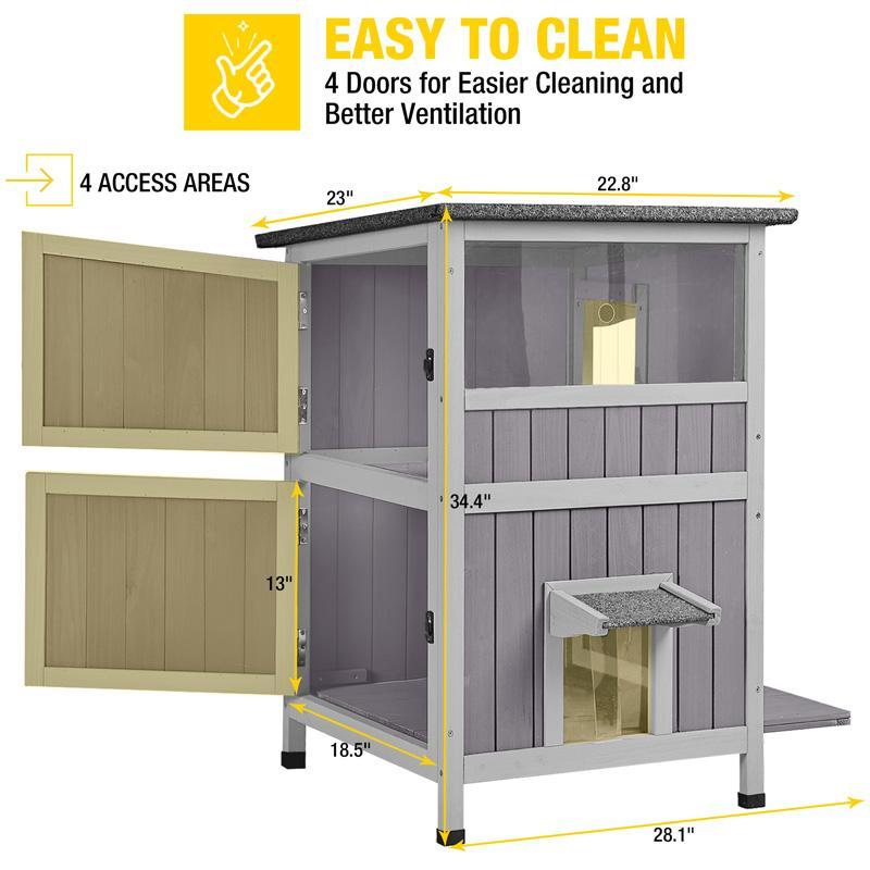 Aivituvin-AIR14-1 Two Tier Wooden Cat House with Waterproof Roof, Door Flaps,Cat Outdoor Shelter