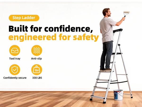 6-Step Aluminum Folding Ladder, 330 lbs Capacity with Wide Non-Slip Steps, Steel Platform, Slim Fold Design