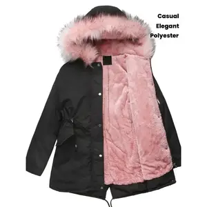 [Plus Size Winter Parka] Plus Size Women's Winter Coat - Long Hooded Parka |       Warm Thickened Windproof Jacket, Elegant Solid Color Polyester Coat with Waist Drawstring, Mid-Length Hooded Outerwear for Autumn and Winter Outdoo