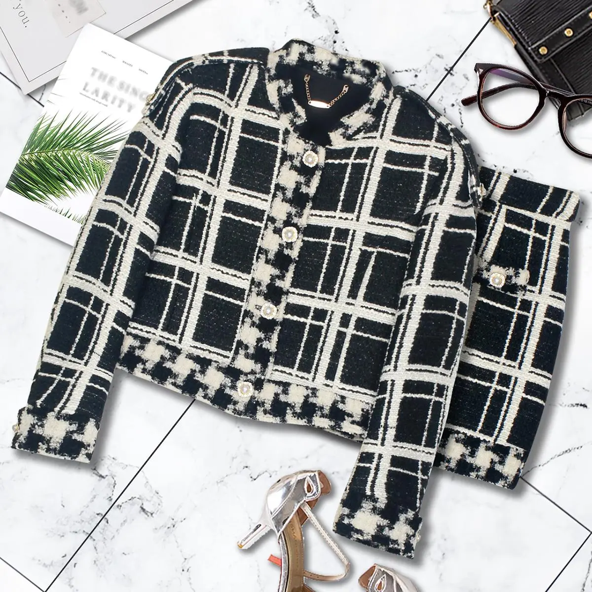 DUSHE Lady's 2-Piece Longsleeves Plaid Woolen Suit - Chic Fitted Coat & Matching Vintage Set, 2026 Spring Thick Workwear Top & Short Outfit, Women's Clothes, Long Sleeve, Matching Clothing Set, Chic Retro, Wool Polyester, Mock Neck, Fitted Cut, Medium Len