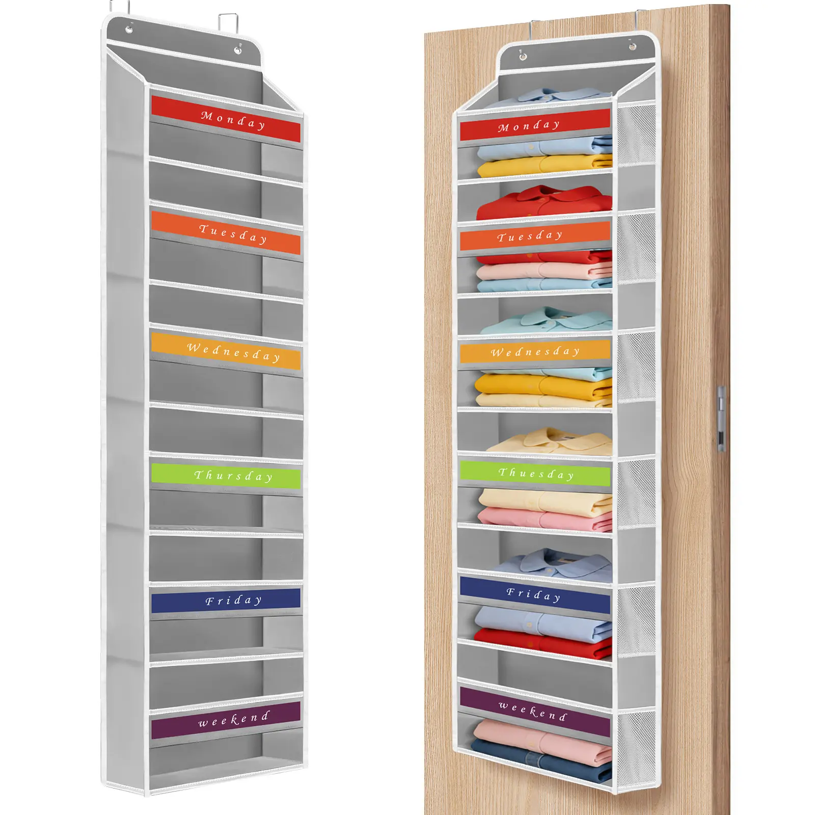 Over The Door Hangable Storage Bag - 6 Side Compartments, Anti-Tilt Design, 44 lb Capacity, Weekly Clothing Organizer for Closet Organization, Storage Organization, Bedroom & Bathroom Use, Shelves, Classic