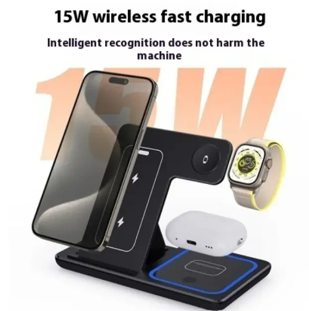 15W 3-in-1 LED Foldable Fast Wireless Charger Stand - Compact, Chargeable Phone Accessory with LED Light for Smartphones & Electronic Charging Devices, Accessories, Storage