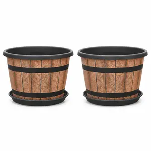 Stackable Vintage Wooden Barrel Style Plant Pot with Drip Tray, Drainage Hole Design Planter for Houseplants, Perfect for Living Room, Bedroom, Balcony & Courtyard Gardening