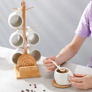 Ceramic Coffee Cup Set with Bamboo Mug Holder, 6 Hooks Coffee Mug Holders Tree,1 Set Including 6 Counts Coffee Cups &1Count Wooden Stand & 6 Counts Saucer,Drinkware for Home Office, Coffee ShopCups house items space-saving