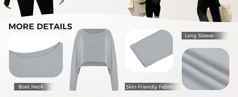 Fisoew Womens Off Shoulder Cropped Tops Batwing Long Sleeve Loose Fit Summer Boat Neck Workout T Shirts